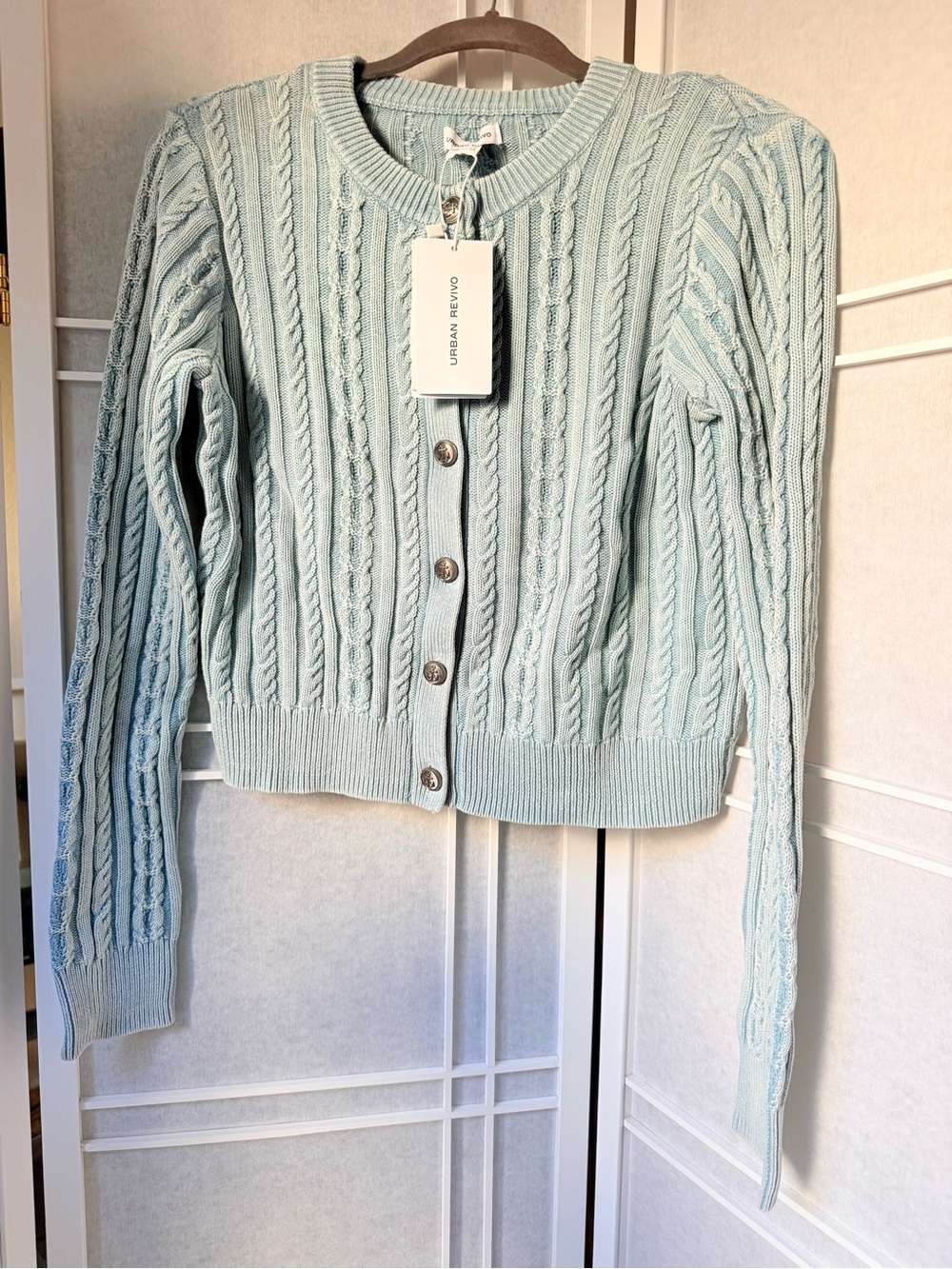 Urban Revival Pastel Blue Cable-Knit Button Cardigan